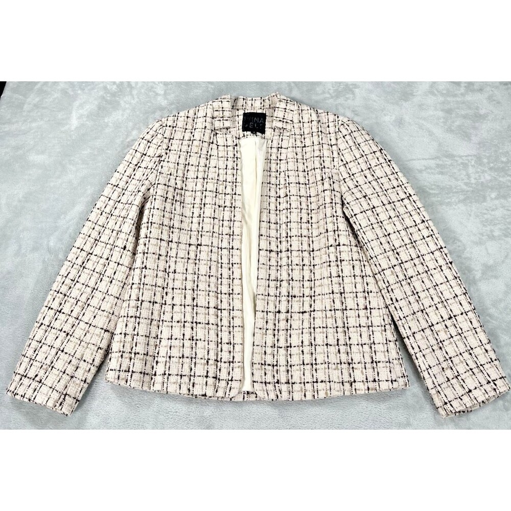Mina Self Womens Open Front Tweed Plaid Blazer Jacket Beige Grid Size M